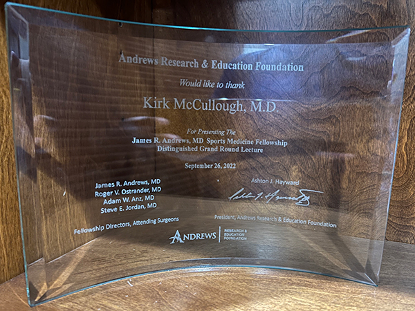 Dr Kirk McCullough was recently an invited Grand Rounds lecturer at the Andrews Institute in Gulf Breeze